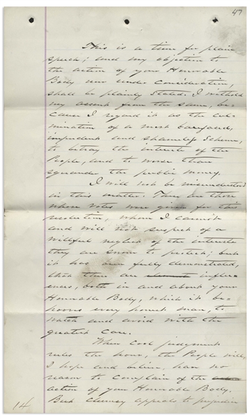 Grover Cleveland Autograph Speech Signed of His Famous Anti-Corruption Speech as Mayor of Buffalo -- ''...a most bare-faced, impudent, and shameless scheme to betray the interests of the people...''